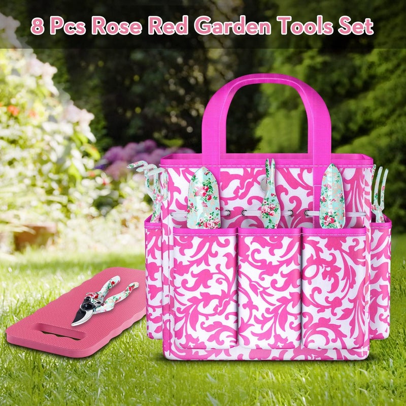 WANCHI Gardening Tools, 8 Pcs Heavy Duty Floral Garden Tool Set Birthday Gifts for Women Rose Red Gardening Kit (Garden Tool Bag Kneeling Pad Weeder Fork Hand Rake Pruning Shears Trowel Transplanter) - Image 3